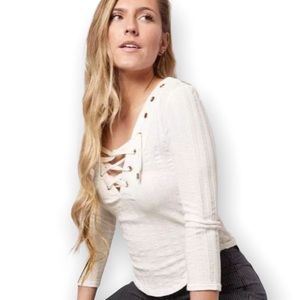 Free People Ice Cold Ribbed White 3/4 sleeve lace-up fitted Top X-Small